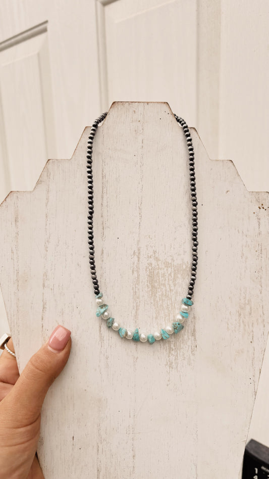 Turquoise Chunk Pearl Beaded Necklace