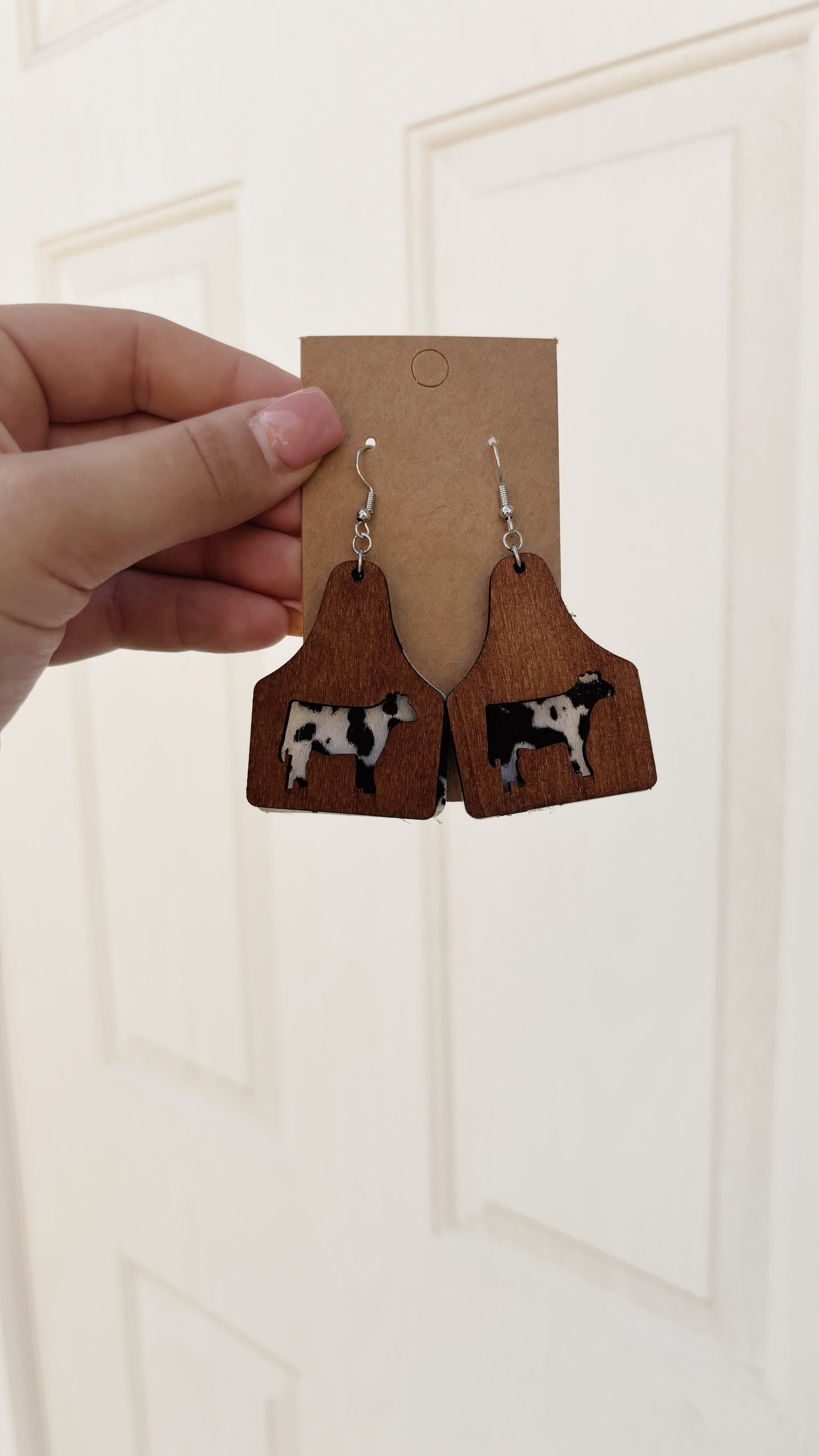 Wooden Cow Tag Earrings