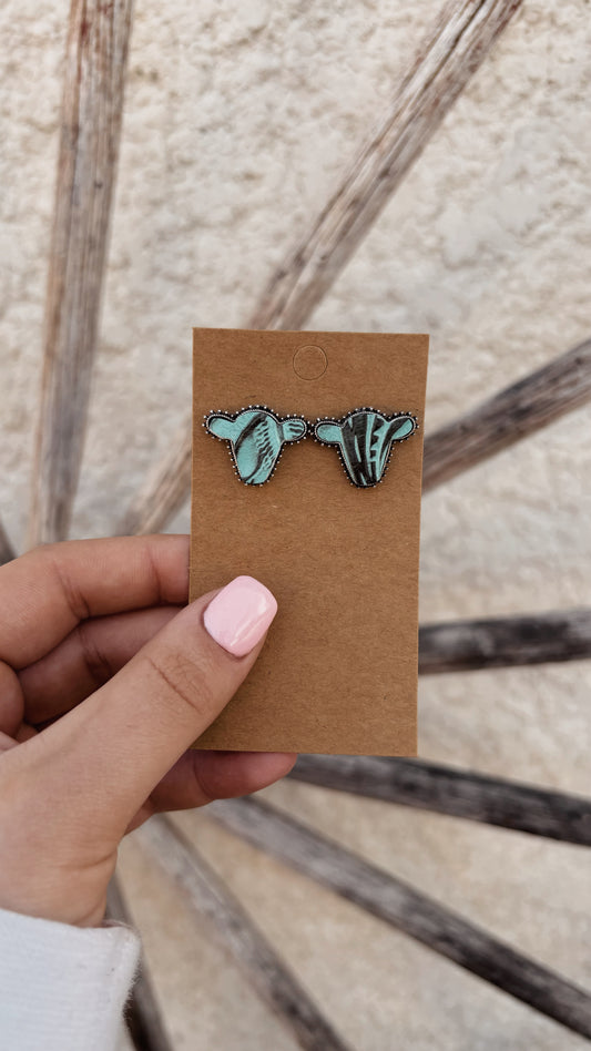 Turquoise Leather Cow Head Earrings