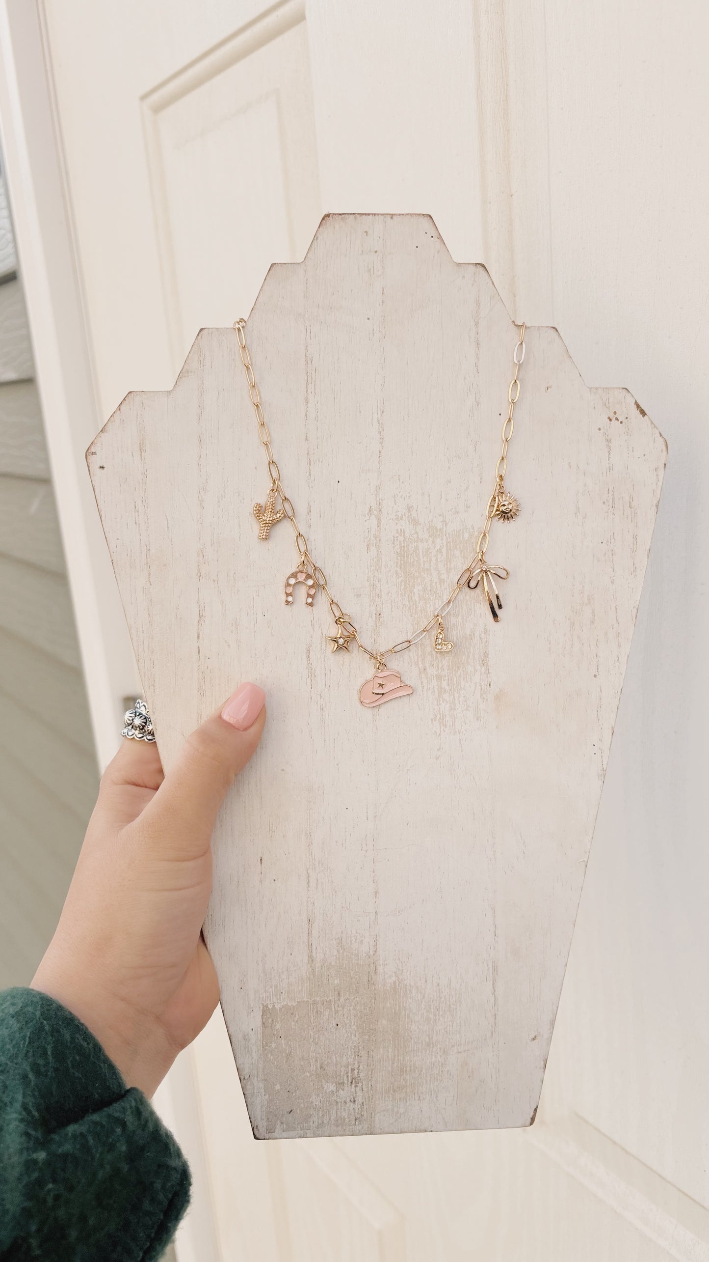 Gold Pink Hat Charm Necklace