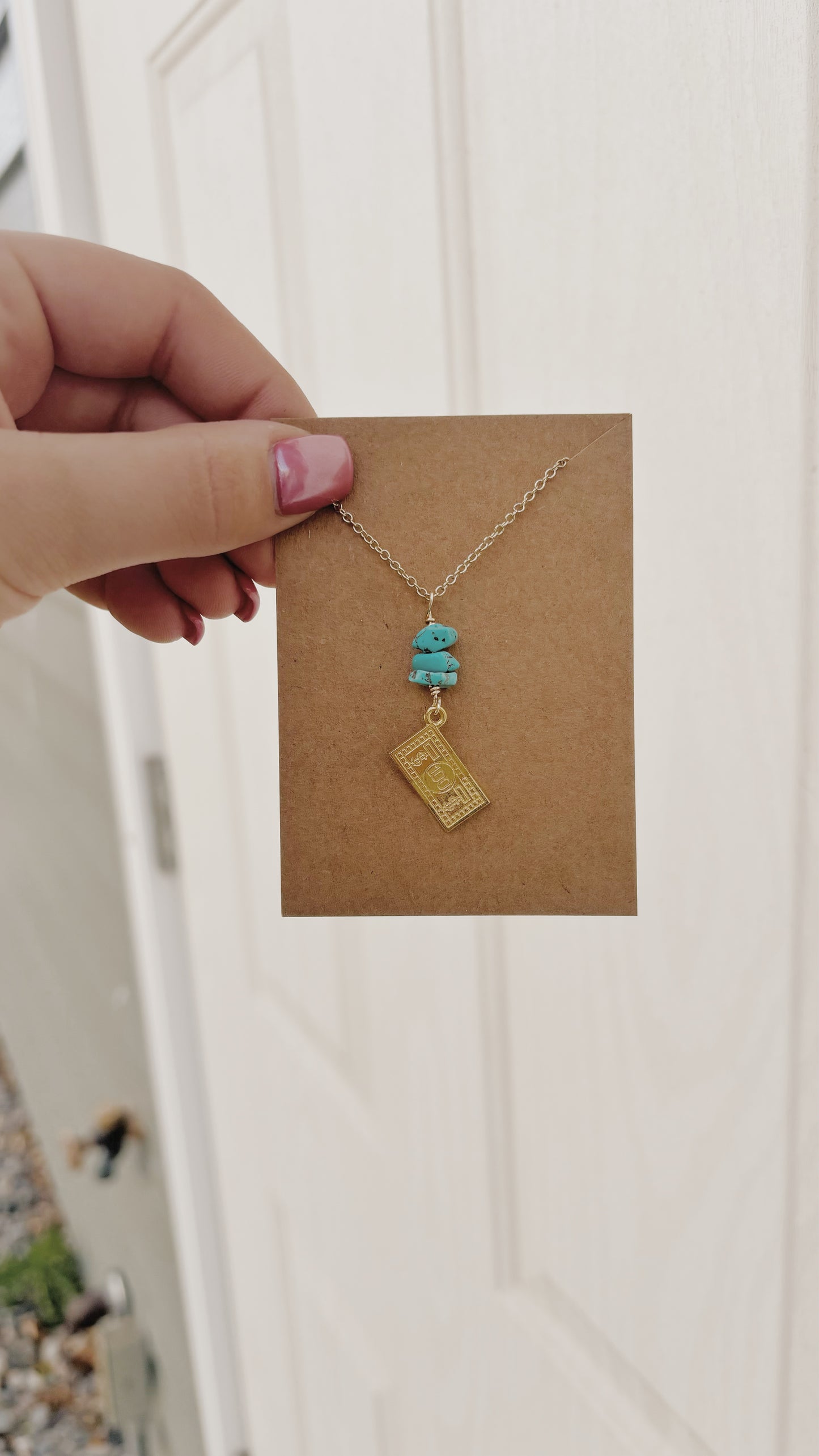 Gold 100 Dollar Bill and Turquoise Necklace