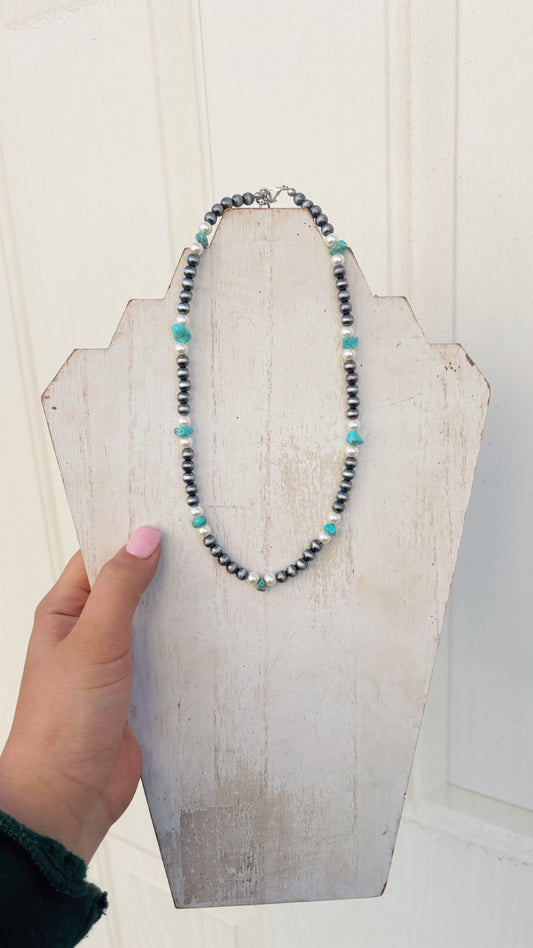 Pearl and Turquoise Beaded Necklace
