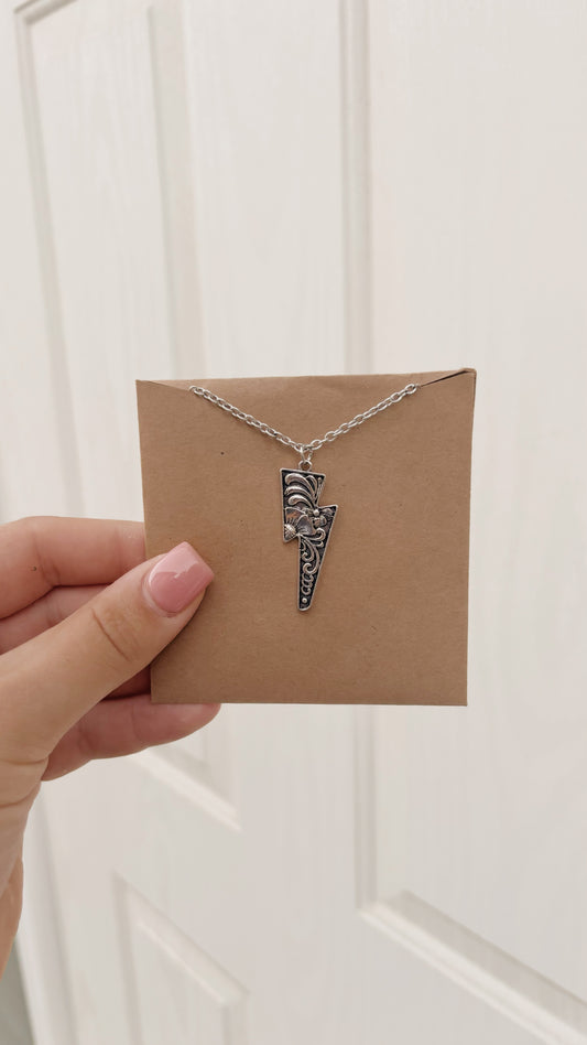 Floral Tooled Lighting Bolt Necklace