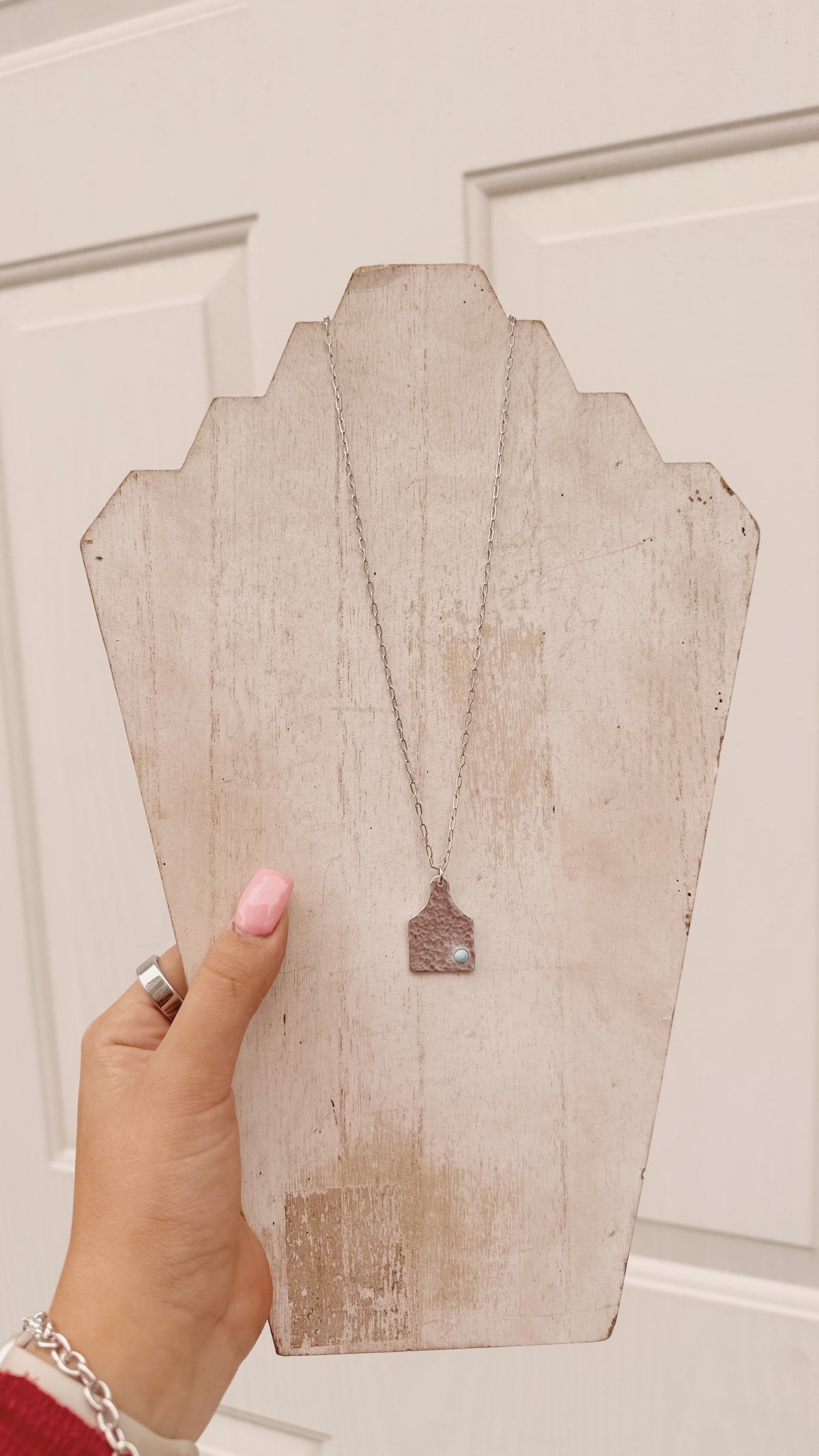 Textured Cow Tag Necklace with Turquoise