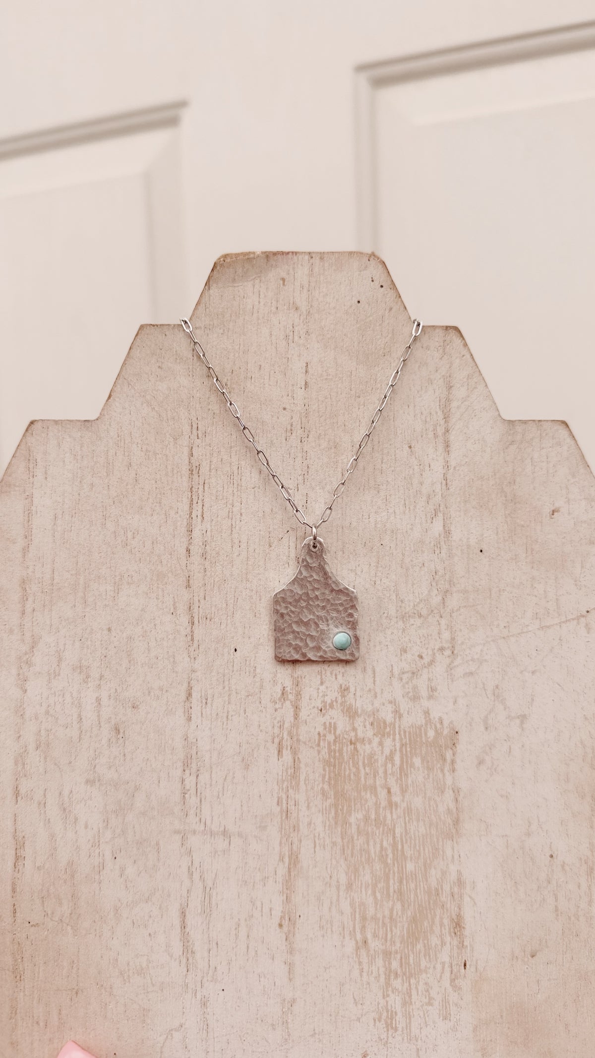 Textured Cow Tag Necklace with Turquoise