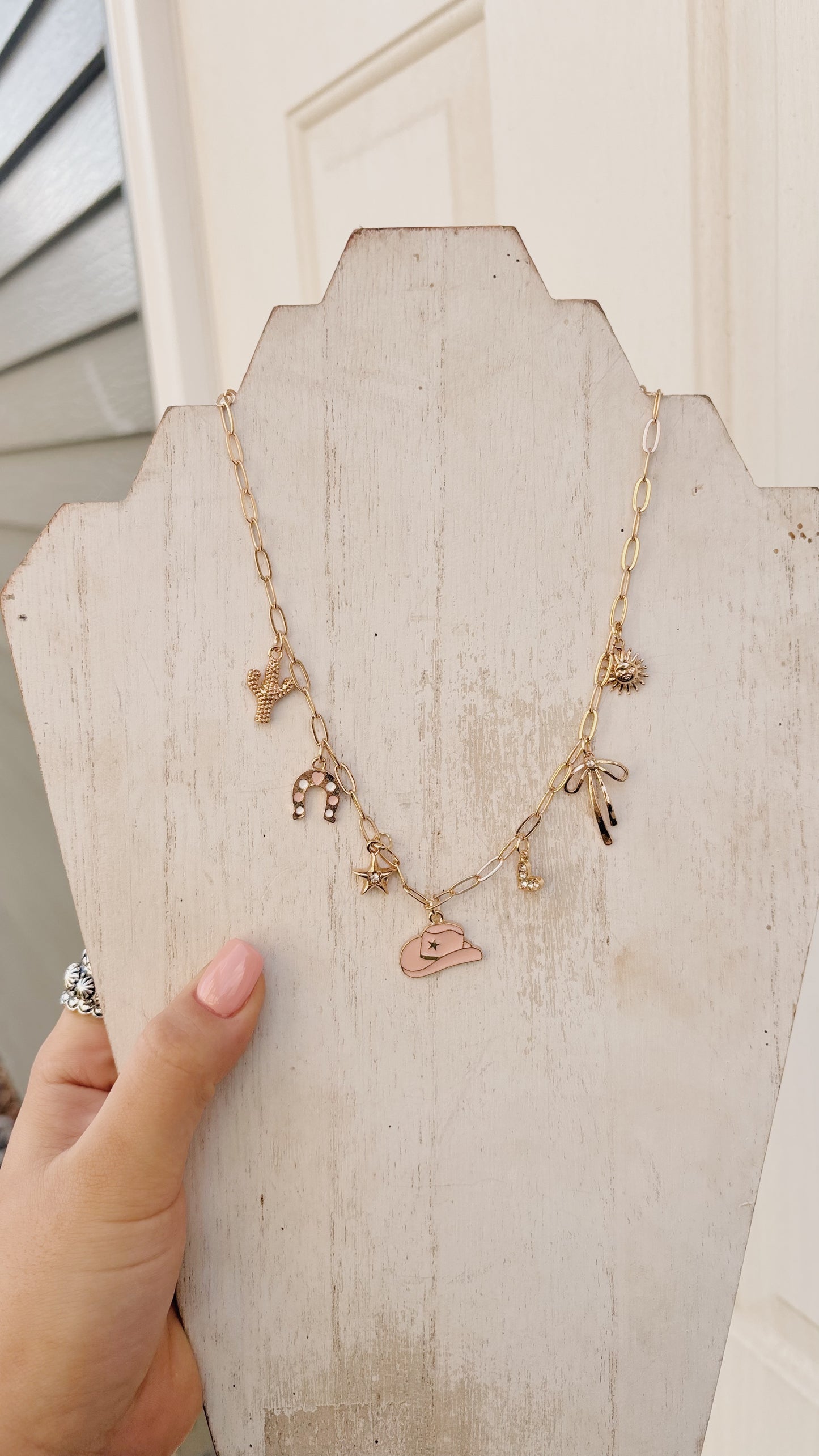 Gold Pink Hat Charm Necklace