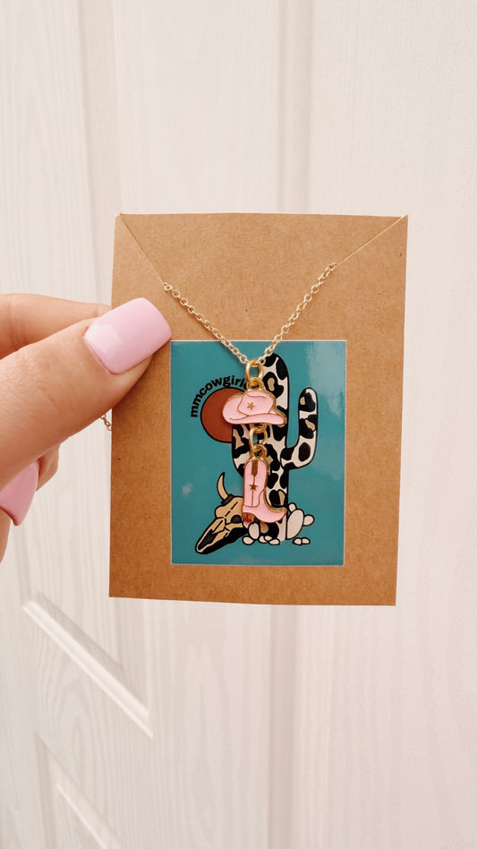 Pink Cowboy Hat and Boot Gold Necklace
